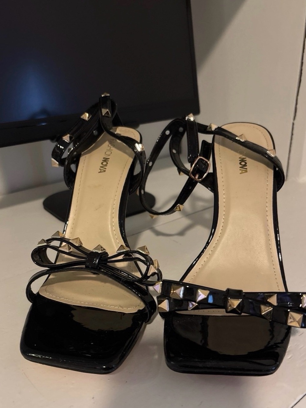 Fashion Nova Black Patent Studded Bow Strap Heels size 10
